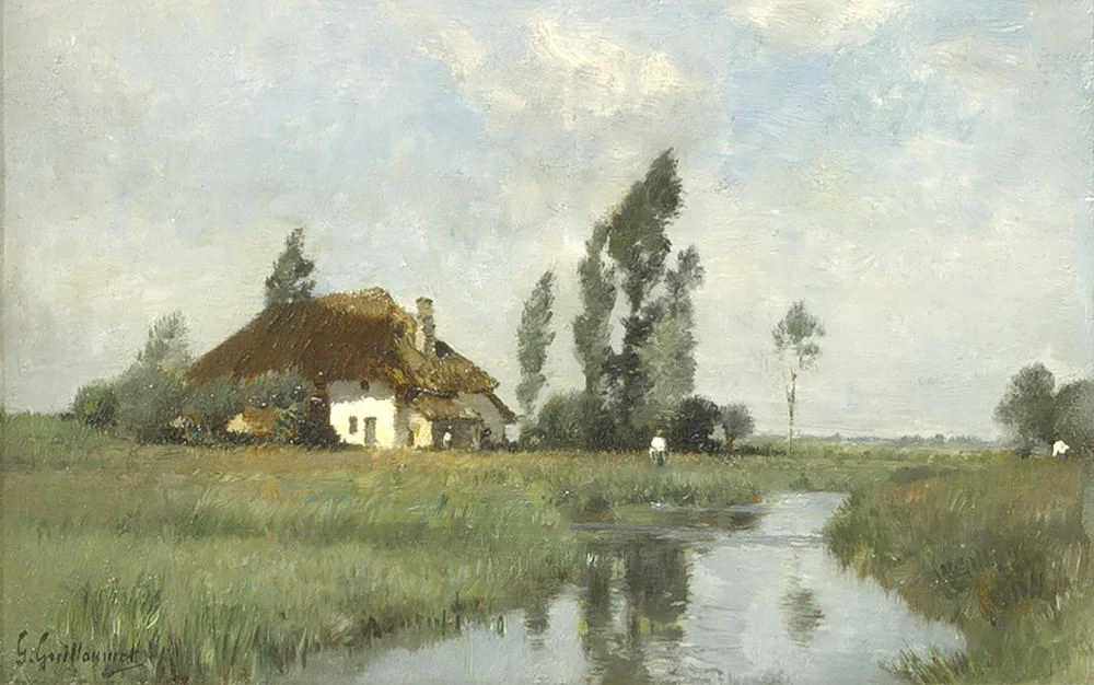 Paesaggio con una casa con il tetto di paglia